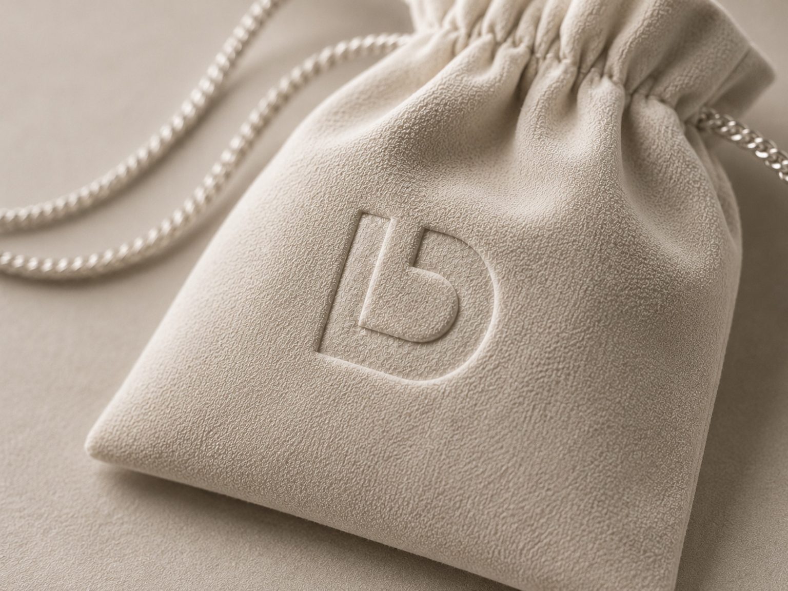 Lyandress monogram embossed on a light fabric pouch